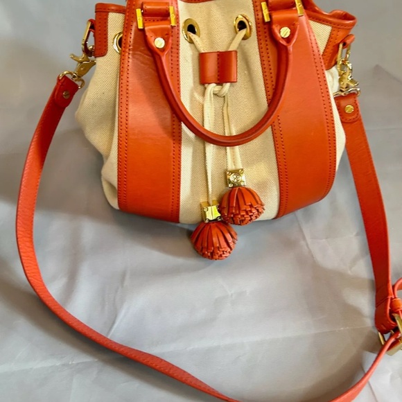 Tory Burch Leather Canvas Bucket HandBag Drawstring Tote Orange Beige Gold - Picture 5 of 13